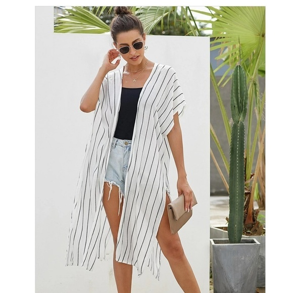 Women Black Striped White Boho Minimalist‎ Open Front Cardigan Kimono Outerwear - Picture 1 of 11